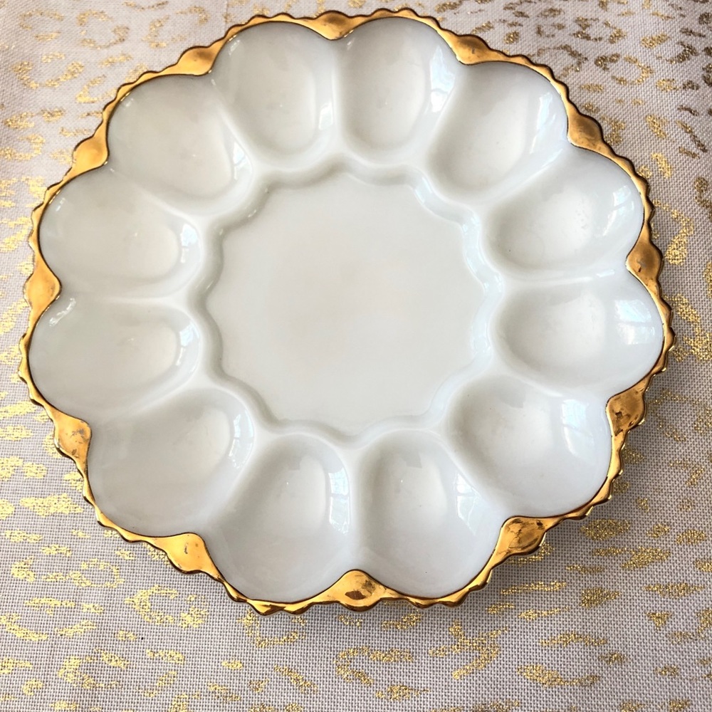 Vintage Milk Glass 12 Deviled Egg Plate Gold Trim Ornate 10"